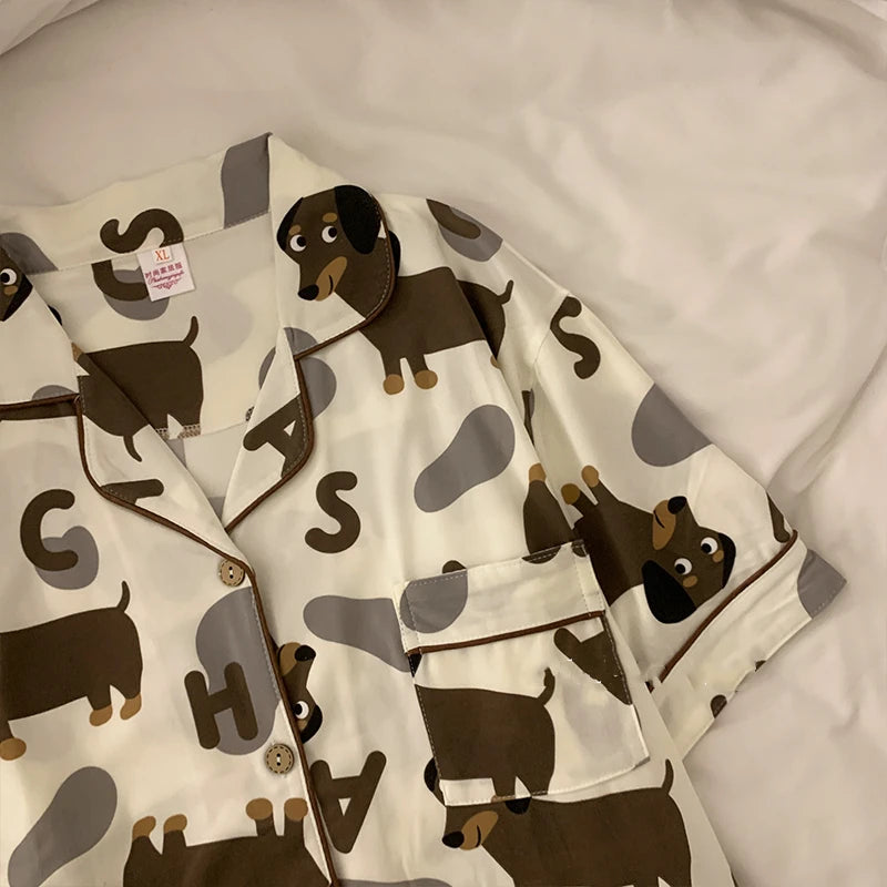 Dachshund Women's Pajamas Set Short Sleeve Tops Full Length Pants Sleepwear