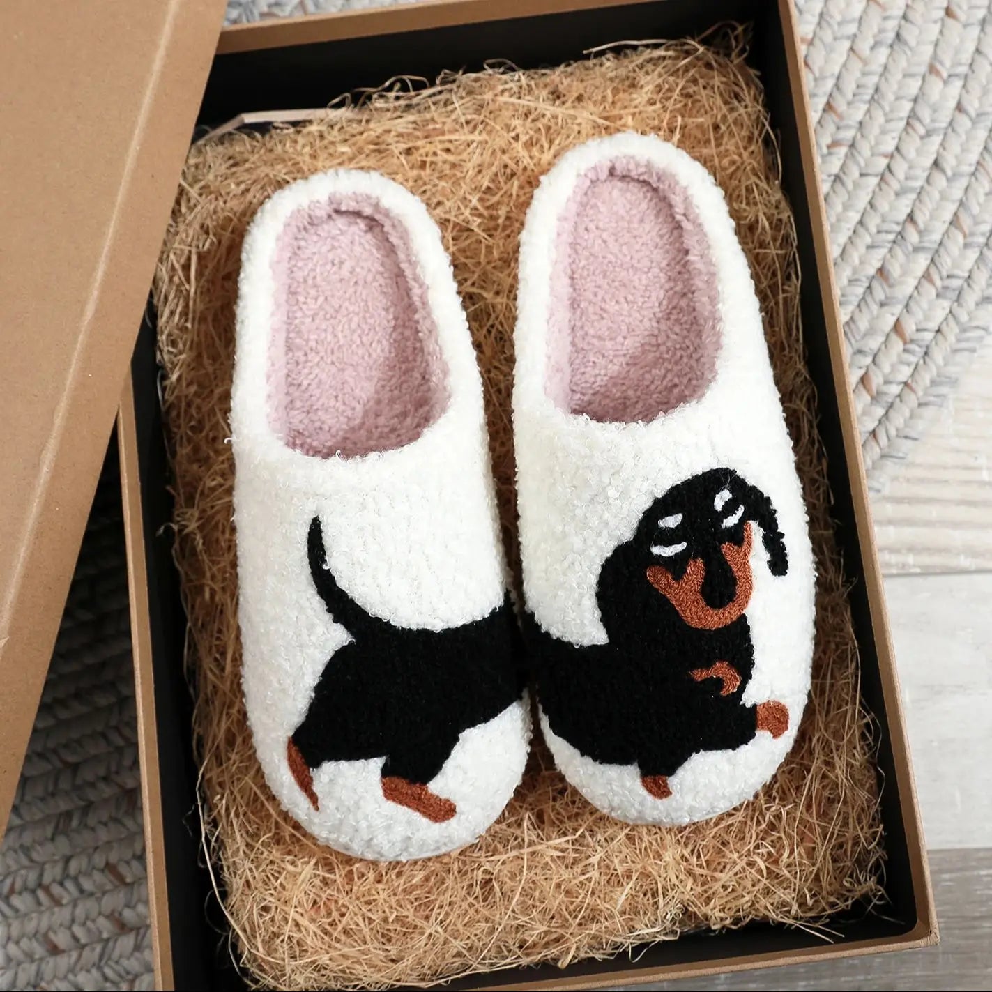 Pet Pattern Dachshund Embroidery stuffed Home Thick Sole plaid Furry Cotton