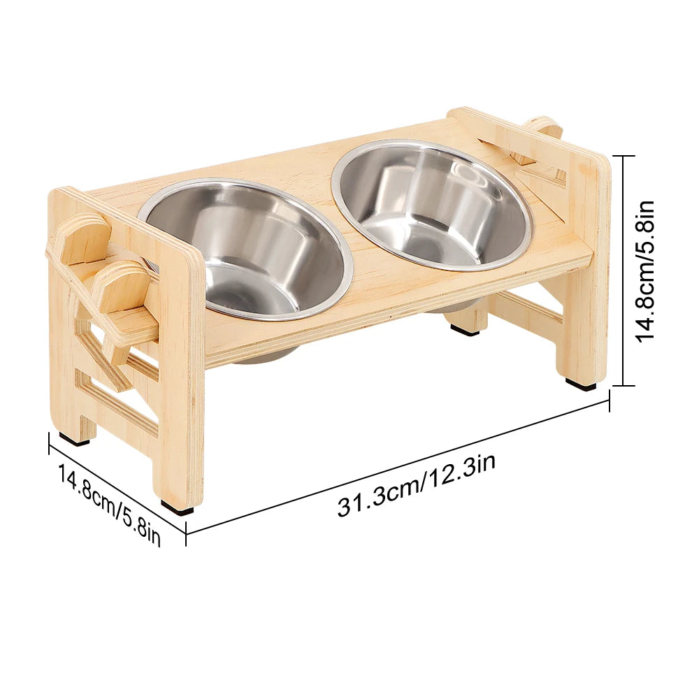 Elevated Wooden Dog Bowl Stand with 2 Stainless Steel Bowls for Dachshunds