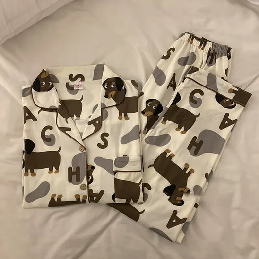 Dachshund Women's Pajamas Set Short Sleeve Tops Full Length Pants Sleepwear