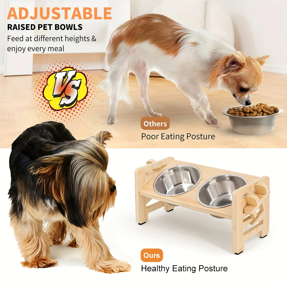 Elevated Wooden Dog Bowl Stand with 2 Stainless Steel Bowls for Dachshunds
