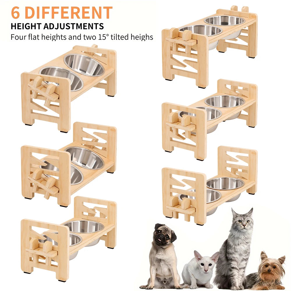 Elevated Wooden Dog Bowl Stand with 2 Stainless Steel Bowls for Dachshunds