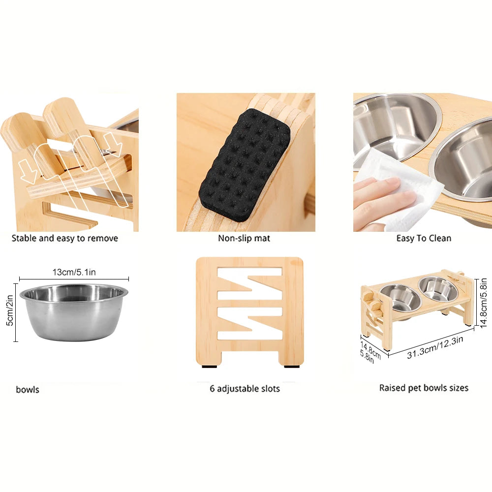 Elevated Wooden Dog Bowl Stand with 2 Stainless Steel Bowls for Dachshunds